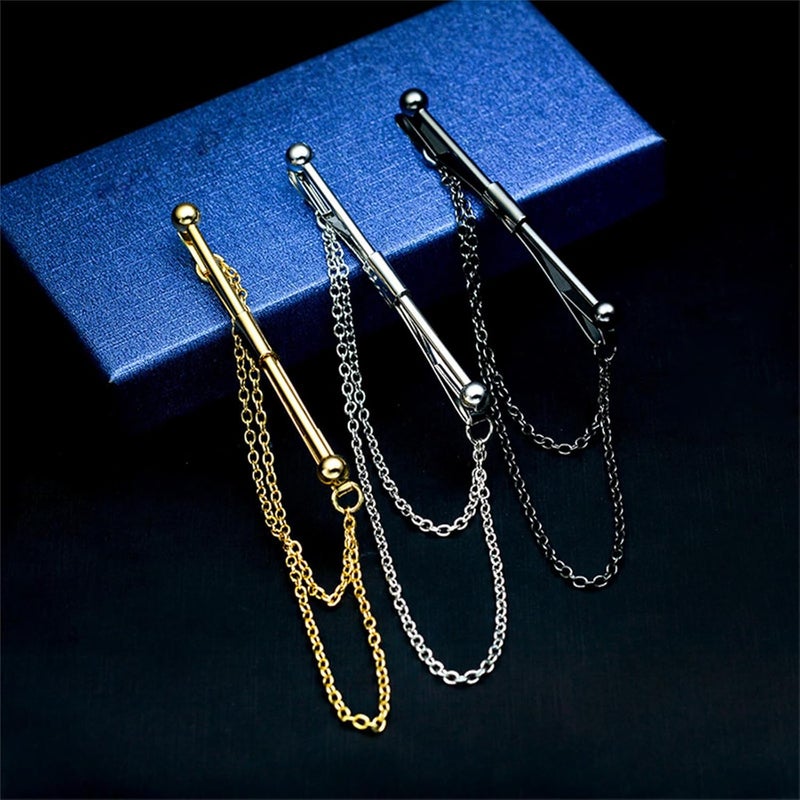 WCRAZYE Men Tie Pins Shirt Collar Pin Double Chains Tassel 18K Gold Silver Black Brass Collar Bar Tie Stick Pin Suit Accessories Wedding Business Gift - Image 5